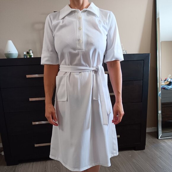 Vintage White Shirtdress: 1960s 1970s Preppy Belted Dress Pockets - Picture 1 of 6